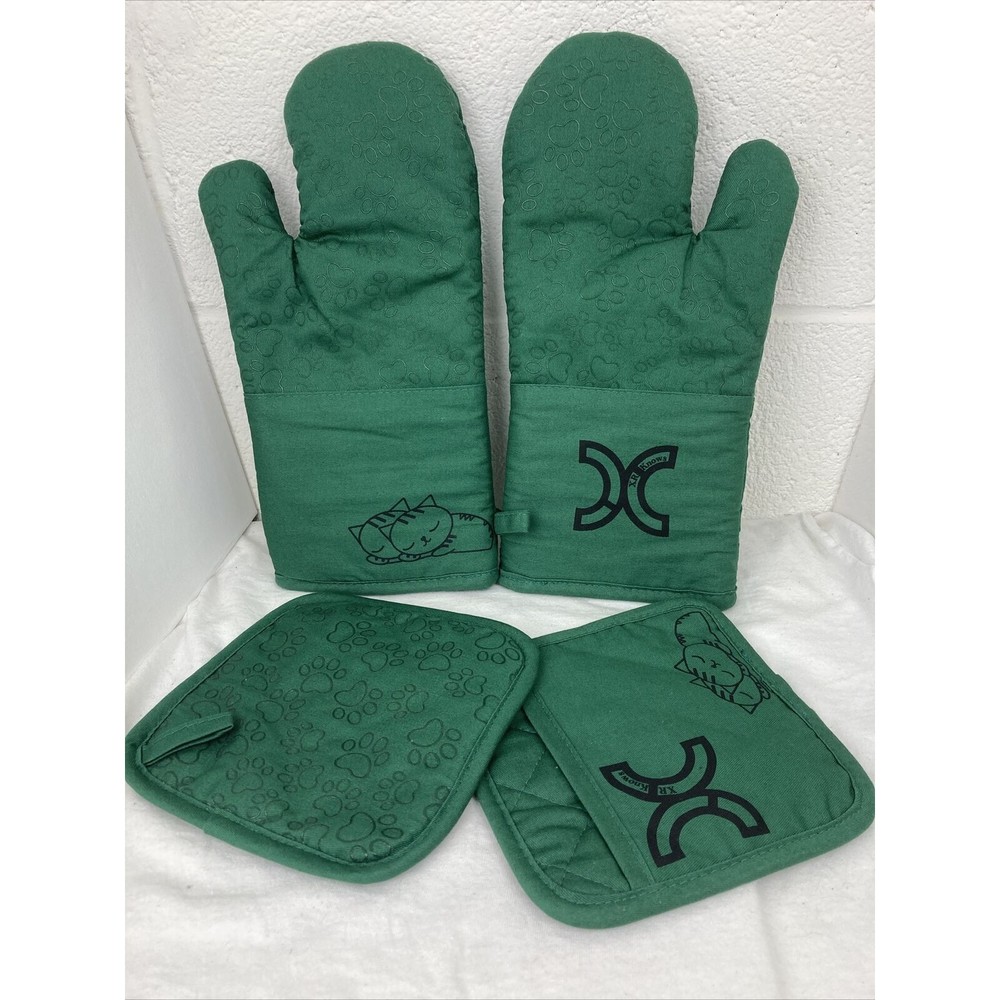 Green Cotton Silicone Paw print Cat Oven Mitts and Potholders Set Grill Glove